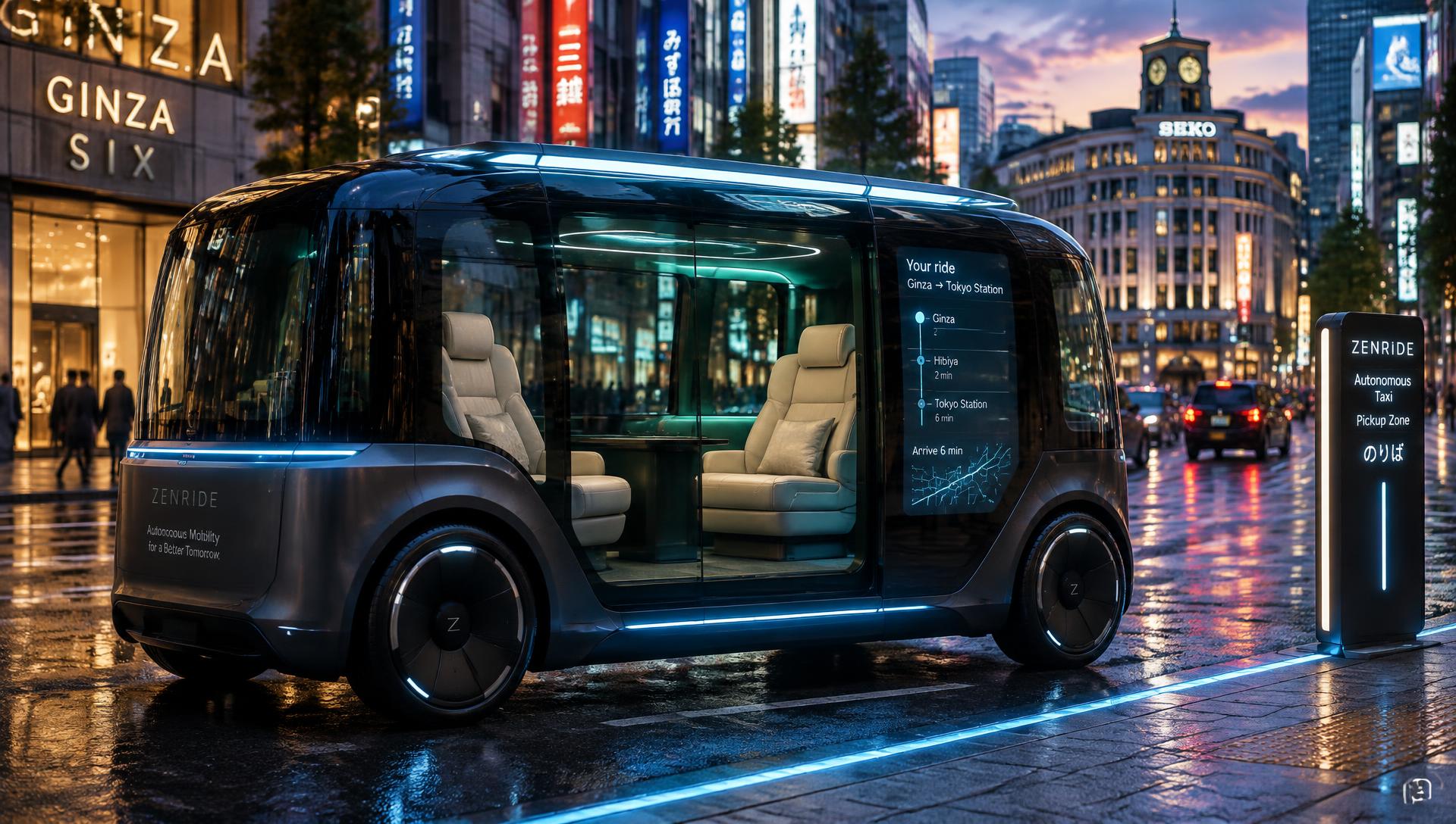 Premium autonomous robotaxi with spacious lounge seating at a Ginza pickup zone in Tokyo
